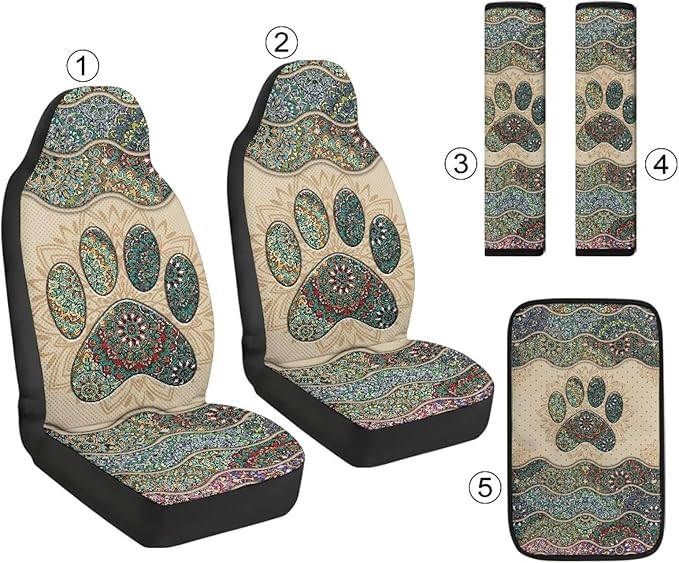 Psesaysky Boho Paw Car Accessories Set for Men Women Cute Car Seat Covers with Center Console Cover Pad Auto Seat Belt Cover Universal Fit Most Truck SUV Van