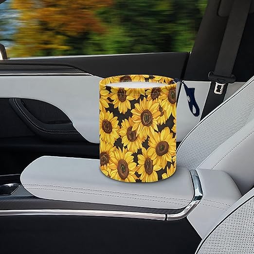 Car Trash Can with Hanging for Back Seat, Car Accessories for Women Men Automotive Garbage Cans Vehicle Trash Can for Truck SUVYellow Sunflower