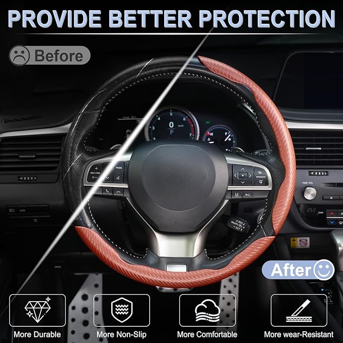 Amiss 3pcs Carbon Fiber Anti-Skid Steering Wheel Cover, Waterproof & Segmented Butterfly Design, Universal 99% Vehicle Wheel Cover Protector, Car Interior Accessories, Champagne