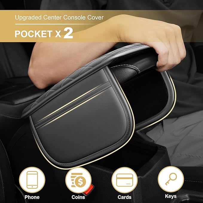 Center Console Cover Fit for Civic: Scratch and Wear Resistant Console Cover Leather with 2 Storage Bags -Upgraded Armrest Coverfor Car,Anti-Scratch Auto Armrest Pad Accessory （Black