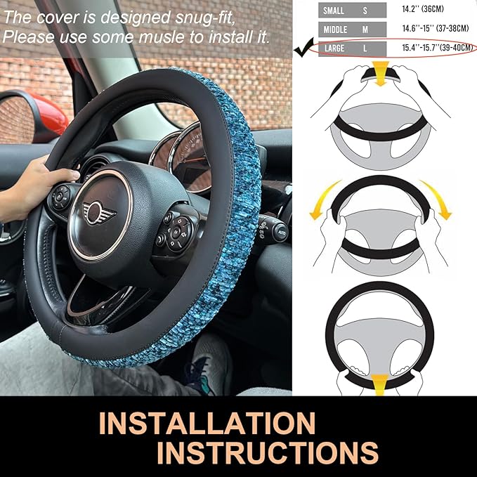PINCTROT Large Size Chenille Leather Steering Wheel Cover, Soft Mottled Colors, Sweat-Proof, Non-Slip Grip, All-Season Comfort, 15.5-15.75 Inch(Mottled Blue)