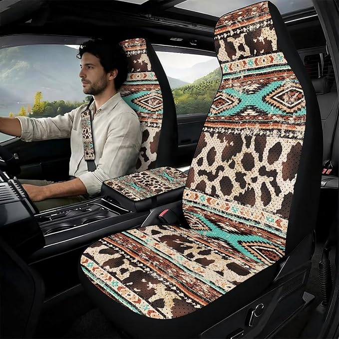 Psesaysky Brown Cow Aztec 5 Piece Car Accessories Set with 2 Seat Protectors 2 Seatbelt Pads and 1 Console Pad Water Resistant Universal Fit Truck SUV Protect Your Car Interior