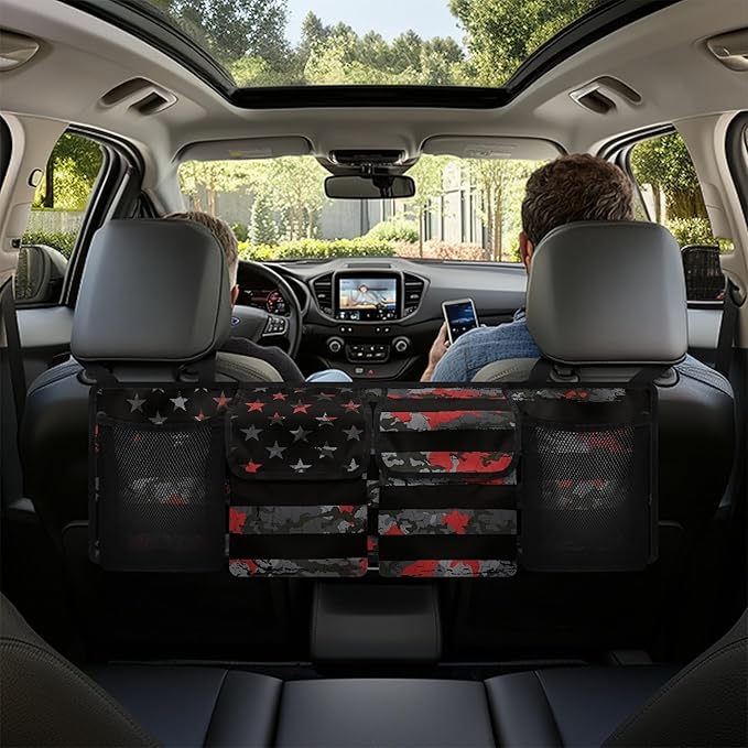 CLOHOMIN American Flag Car Truck Organizer Red Camo Cargo Storage Bag with 4 Pockets Collapsible Backseat Hanging Organizer Fashion Car Accessories for Women Men