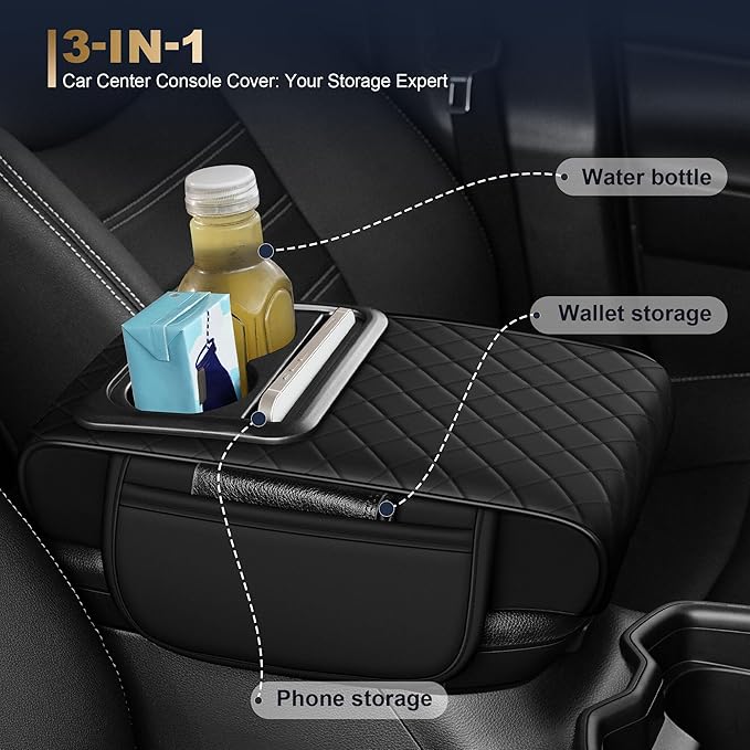 YORKNEIC Center Console Cover Fit for Model Y: Car Armrest Cover Storage Bag with 2 Cup Holders - Armrest Cover for Car Waterproof Car Armrest Pad (Black)