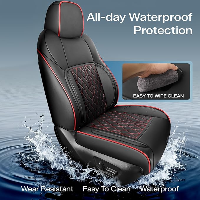 DuDuWang Seat Covers Custom Fit for 2024-2025 Tacoma Pickup Truck Seat Cover Protector Cushion with Faux Leather Waterproof (BlackRedLine, Full Set)