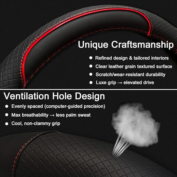 ANMOSVO Steering Wheel Cover for Honda Civic Accord CRV HR-V Pilot Passport Odyssey - Microfiber Leather & Anti-Slip Safety Design 14.5-15 Inch Custom Fit (Red-Standard Size)