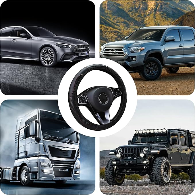 Car Steering Wheel Cover, 15 inch Carbon Fiber Microfiber PU Leather Elastic Steering Wheel Protector for Men Women, Universal Durable Car Decorative Fit for Most Cars, Trucks, SVU (Black)