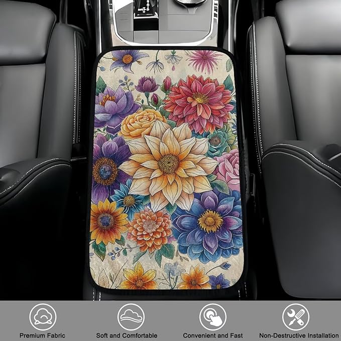 Bulopur Colorful Flowers Car Center Console Cushion Pad Flannel Center Console Cover Easy to Install Car Decor Accessories Auto Universal Car Interior Accessories Car Arm Rest Cover