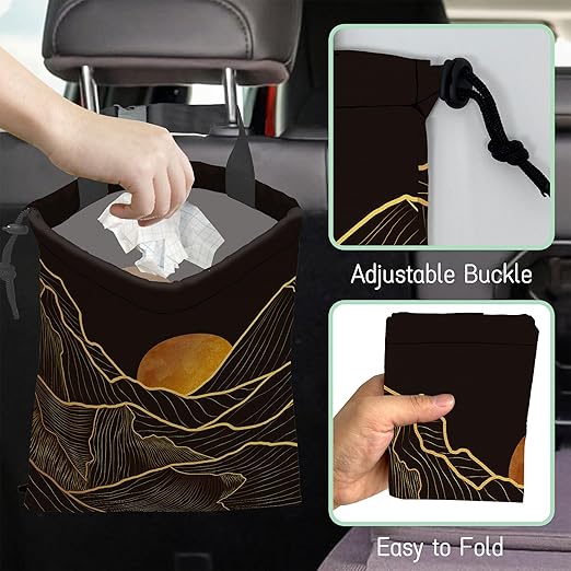 NHNXHWIA Gold Mountains Car Trash Bag,Hanging Drawstring Car Garbage Bag,Waterproof Canvas Car Back Seat Organizer with Adjustable Buckle,for Vehicles,SUVs,Camping,Road Trips