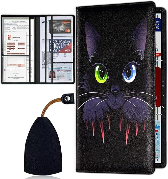 Car Registration Holder, Waterproof PU Leather Vehicle Card Document Glove Box Organizer, Women Interior Auto Accessories Case for Cards, Driver License Car Insurance Holder, Black Cat Pattern