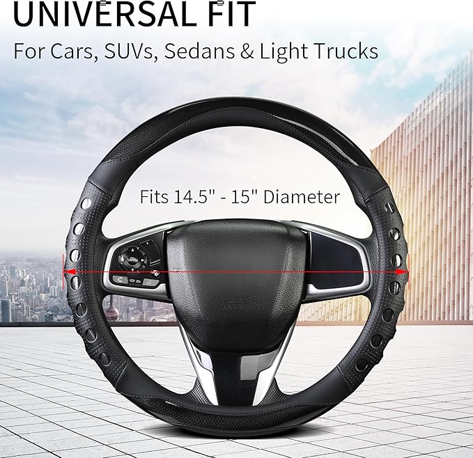 QCYP PU Leather Car Steering Wheel Cover with Anti-Slip Grip, for Women and Men, Universal Fit for 14.5-15 Inch Cars, Trucks, SUVs (Black (Round), Medium(Standard) Size[14 1/2''-15''])