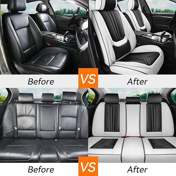SCDOOCA Car Seat Covers Full Set White Black, Luxury Leather Car Seat Covers, Waterproof and Breathable Seat Covers, Universal Car Seat Protector Fit for Cars, Trucks, SUVs, Pick-ups (Full Set)