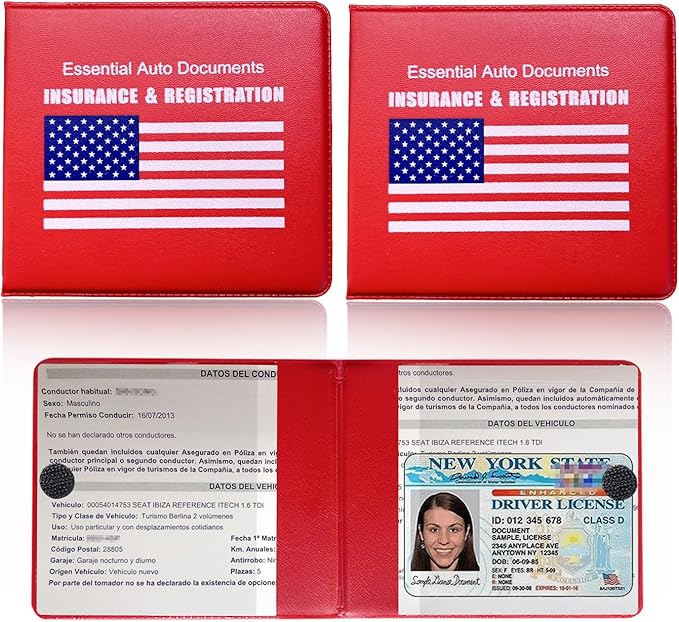 Ziciner Car Registration Insurance Holder, 2Pack Essential Auto Card Document Glove Box Organizer with Velcro Closure, Universal Car Accessories Perfect for Men & Women (Red/Blue Flag)