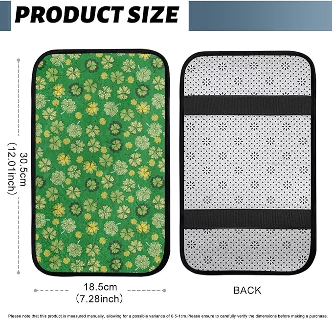 Bulopur St. Patrick's Clover Arm Rest Cover Car Flannel Center Console Cover Easy to Install Car Decor Accessories Auto Armrest Console Cover for Most Vehicle, SUV, Truck, Car