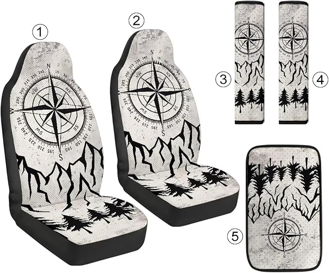 Qeluxign Air Mesh Car Seat Covers & Accessories 5-Piece Set 2 Seat Covers, 2 Shoulder Belt Pads, 1 Console Pad PU Leather Car Interior Set for Women,Compass Mountain Pine Tree