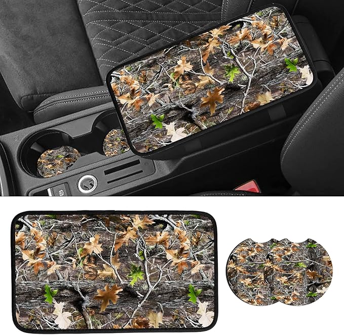JANENFNA Car Armrest Cover Pads Universal Fashion Cute Auto Center Console Armrest Cover Pad with 2PCS Car Coasters Soft Waterproof Car Armrest Seat Protector for Women,Camo Leaves Pattern