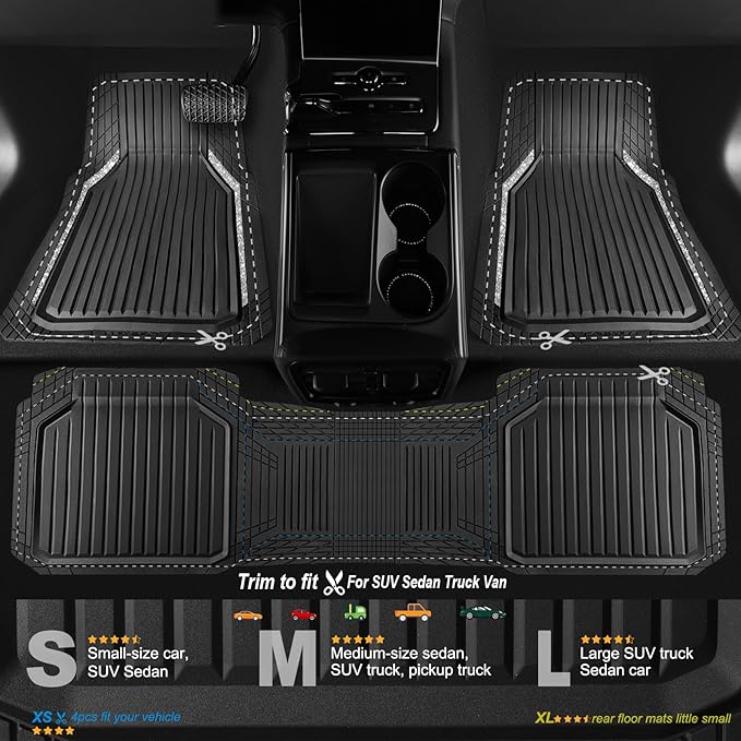 CAR PASS Glitter Heavy Duty Rubber Floor Mats for Car, Waterproof Liner Deep Dish Bling Car Mats Full Sets, Universal Trim to Fit for SUV Truck Sedans Vans, All Weather Floor Mats, Silver Sparkly