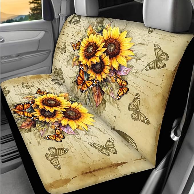 Dngkaoje Sunflower Butterfly Car Seat Cover Full Set for Front and Back,13 Pcs Automotive Accessories Set Vintageul Sunflowers Print Armrest Cover Protector,Seat Belt Pads,Handbrake Shift Covers