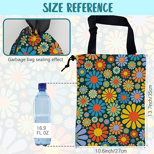 KXWQTRDD Car Garbage Bag Vintage Groovy 70s Floral Drawstring Car Trash Bag Hanging for Back Seat with Adjustable Buckle Canvas Vehicle Trash Can Easy-to-Install