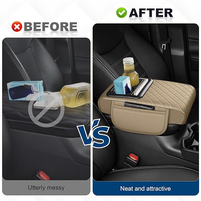 Car Center Console Cover Fit for Volkswagen Faux Leather Auto Armrest Box Cover with Cup Holder & Phone Holder Waterproof Leather Armrest Protector Cushion(Beige)