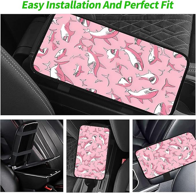 JANENFNA Car Armrest Cover Pads Universal Fashion Cute Auto Center Console Armrest Cover Pad with 2PCS Car Coasters Soft Waterproof Car Armrest Seat Protector for Women,Pink Shark Pattern