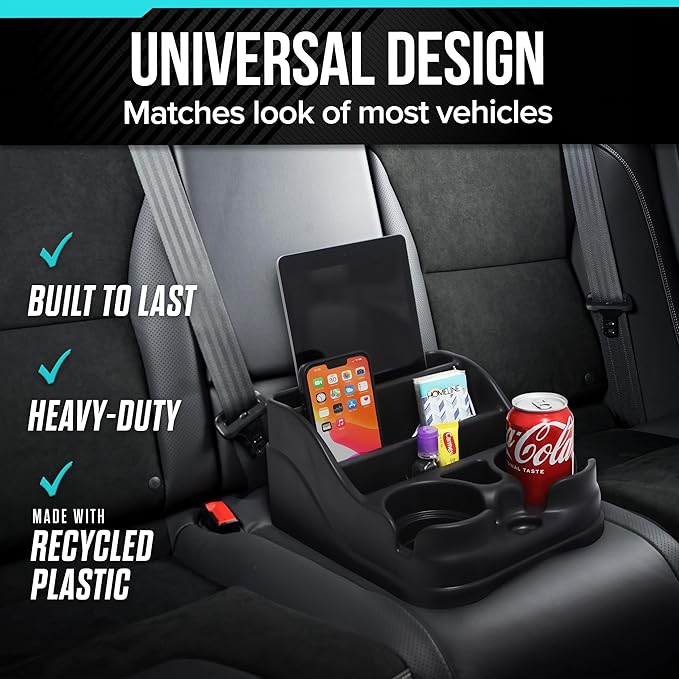 Small Center Console for Cars, Trucks, Minivans, SUVs, Vehicle Organizer, Cup Holders, Recycled Plastic, Made in USA (Black)