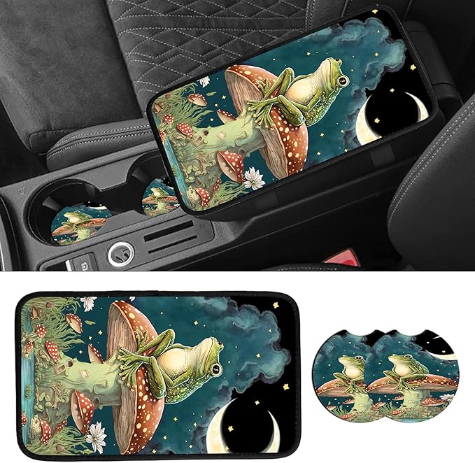 JANENFNA Car Armrest Cover Pads Universal Fashion Cute Auto Center Console Armrest Cover Pad with 2PCS Car Coasters Soft Waterproof Car Armrest Seat Protector for Women,Frog Sitting Mushroom