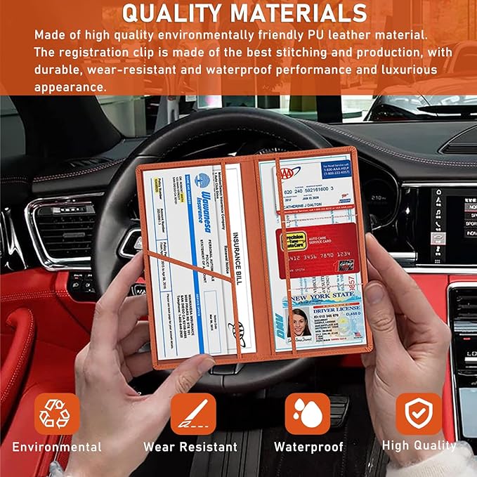 Kewucn Car Registration and Insurance Card Holder, Leather Auto License Document Glove Box Compartment Organizer, Essentials Vehicle Wallet Case for Driver License, ID Card (Brown)