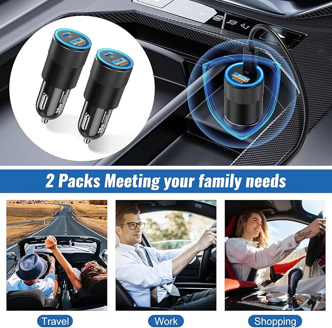 38W USB C Car Charger Fast Charging, 2Pack Cigarette Lighter Adapter, Dual USBC & USB-A Car Phone Chargers, Boxeroo Multi Port QC 3.0 Cargador para Carro, 12v USB Outlet for iPhone 16e/16/15/14 Pro