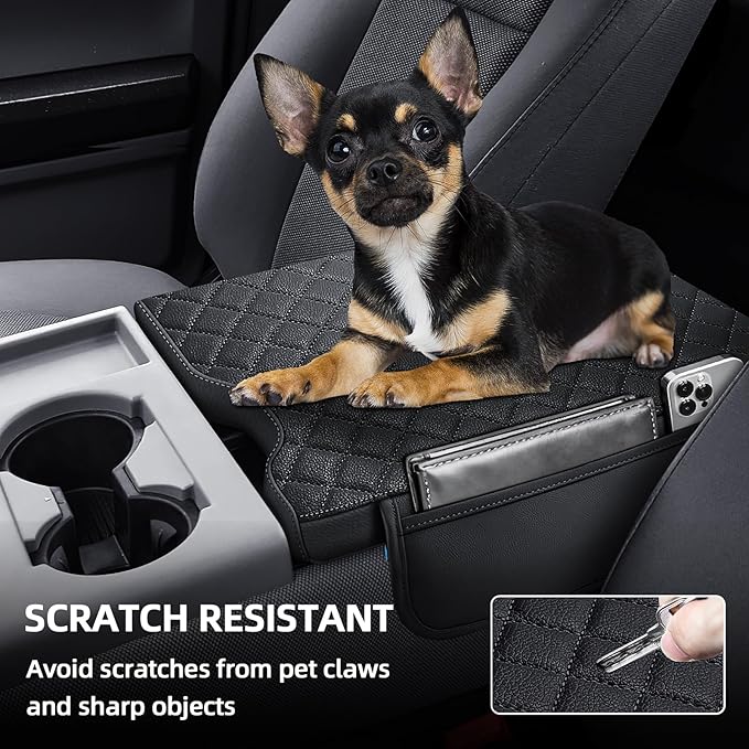 Center Console Cover Compatible with 2015-2025 Ford F150,2017-2025 F250 F350 F450 with 40/20/40 Jump Seat Armrest Accessories, Leather Armrest Cover with 2 Side Pockets Black (Only Jump Seat)