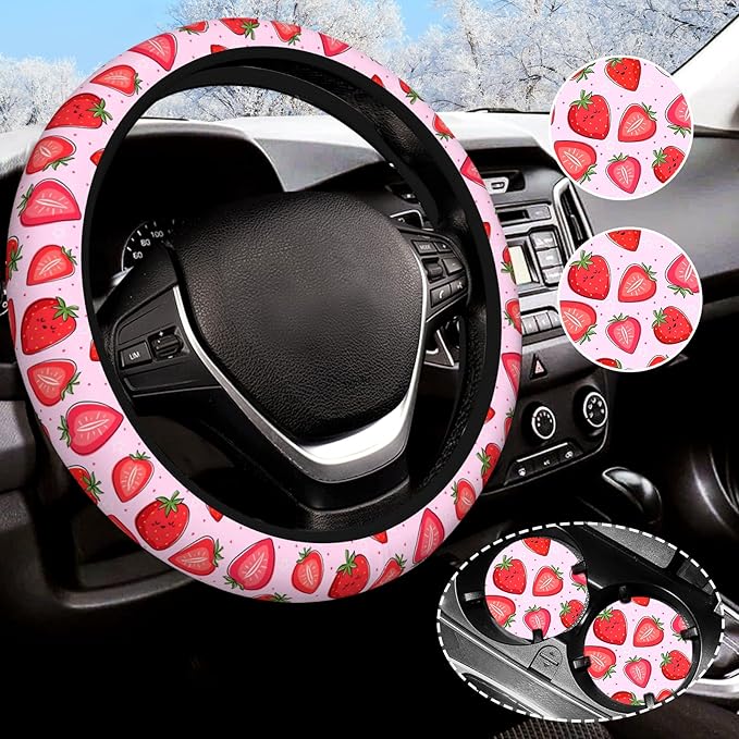 Cute Pink Strawberry Steering Wheel Cover for Women Men with 2 Pcs Car Coasters, Universal 14.5-15 Inch Rainbow Steering Wheel Covers Non-Slip Car Accessories for Girls