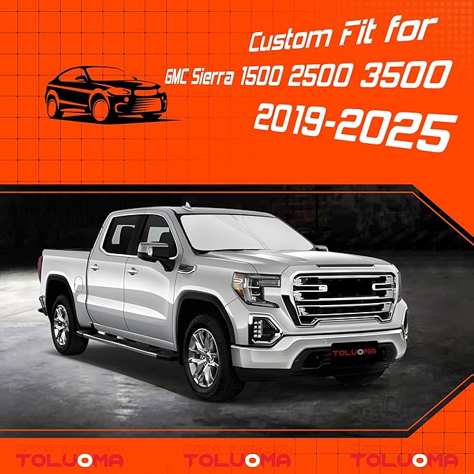 Toluoma Custom Fit Windshield Sun Shade for GMC Sierra 1500 2500 3500 2019-2025 - Full Coverage, 210T Reflective Fabric, Blocks 99% UV Rays, Keeps Car Cool, Easy to Install and Store