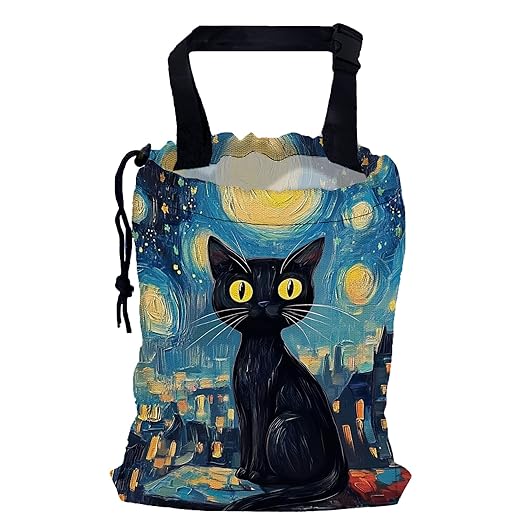 Watercolor Starry Night Car Garbage Bag,Black Cat Small Car Trash Bag Hanging,Drawstring Car Garbage Bag with Adjustable Buckle for Car Back Seat,SUVs,Camping,Road Trips