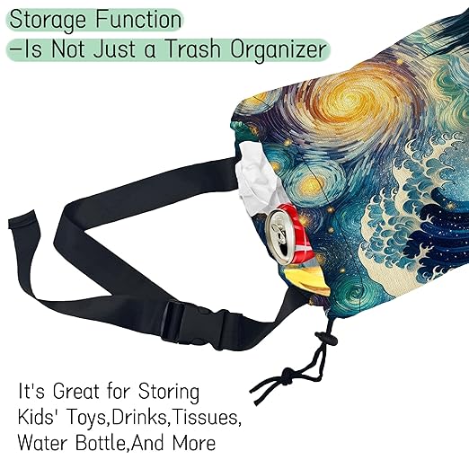 NHNXHWIA Sea Wave Car Trash Bag,Night Starry Sky Hanging Drawstring Car Garbage Bag,Waterproof Canvas Car Back Seat Organizer with Adjustable Buckle,for Vehicles,SUVs,Camping,Road Trips