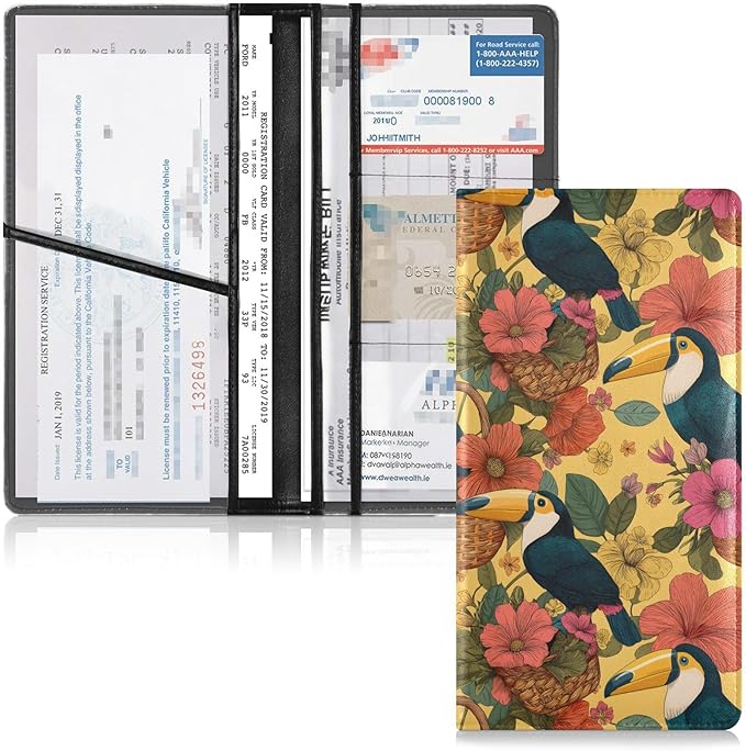 ALAZA Flower Basket Toucan Pattern Car Registration and Insurance Card Holder Vehicle Glove Box Car Organizer Driver License Documents Holder Waller Case Organizers