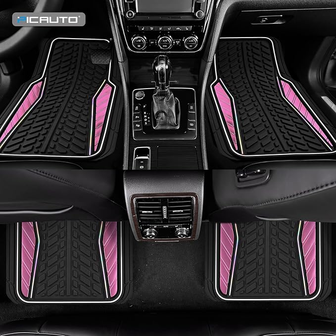 PIC AUTO Car Floor Mats, Pink Aluminum-Molded with Full-Circle Iridescent Inlay Strip Car Mats, Universal-Fit Rubber Mats for Cars, Trucks & SUVs, All-Weather, Non-Slip, Easy-to-Clean Interior Mats