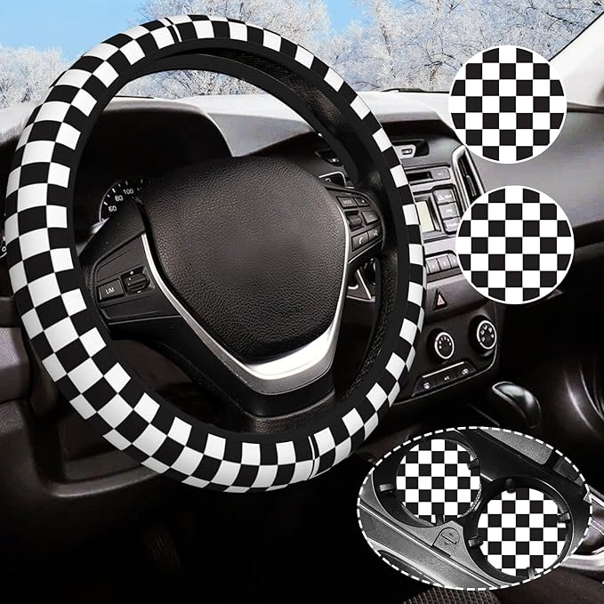 Black and White Checkered Steering Wheel Cover Rubber Anti-Slip 14.5-15 Inch Universal Steering Wheel Cover with 2 Pieces Car Coasters Suitable for Men Women