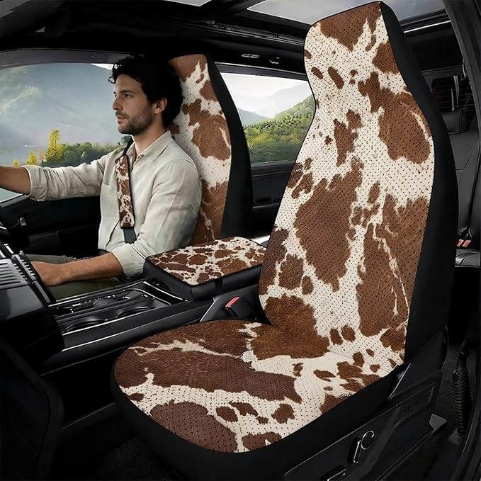 Qeluxign Cow Print Auto Seat Covers with Car Center Console Cover, Belt Cover PU Leather Breathable Full Set Bucket Seat Covers, Pack of 5, Universal Fit for Sedan,SUV