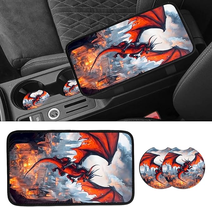JANENFNA Car Armrest Cover Pads Universal Fashion Cute Auto Center Console Armrest Cover Pad with 2PCS Car Coasters Soft Waterproof Car Armrest Seat Protector for Women,Fire-Breaking Evil Dragon