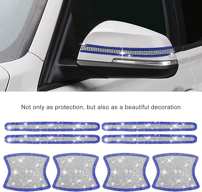 kingsea 8pcs Bling Car Door Handle Protector Stickers,Crystal Rhinestone Glitter Car Door Handles Cup Scratch Protectors Decals Universal (White & Blue)