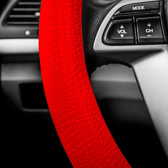 FH Group Universal Fit Silicone Snake Pattern with Massaging Grip Steering Wheel Cover fits most Cars, SUVs, Trucks, and Vans Red