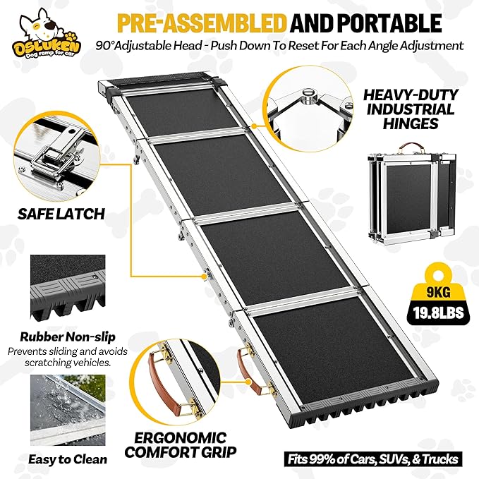 Dog Ramp for Car (200 lbs), Extra L71” W17” Folding Pet Ramp for Large Dogs 90° Adjustable Head, Outdoor Anti-Slip Foldable Dog Car Ramps for SUV Truck Side Door (5 Folded)