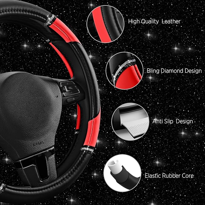 Road Comforts Leather Steering Wheel Cover - Made with PVC Leather - Anti-Slip, Universal Fit 14 1/2 inches to 15 inches - Red