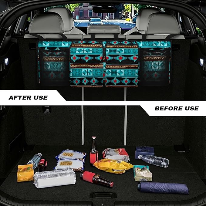 CLOHOMIN Aztec Ethnic Gemoetric Car Trunk Organizer for Sedan Truck SUV Van Blue Back Seat Storage with 4 Pockets Hanging Car Cargo Trunk Storage Organizer Bag