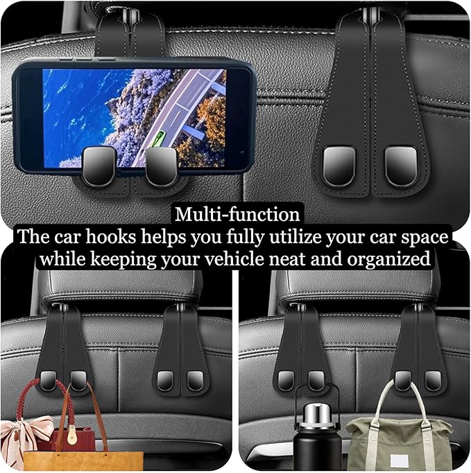 2 Packs Car Seat Hooks, Leather Car Headrest Hook, Car Purse Hook Seat Back Hanger Storage Organizer, Car Hook for Purses and Bags(Black)