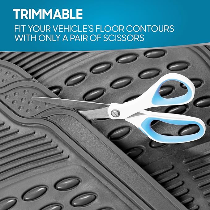 BDK 3-Piece Gray Rubber Floor Mats (Front + Rear), Heavy Duty Universal Fit Liners for Cars SUVs Trucks Vans, All Weather Protection Anti-Slip Nibs, Flexible Contours Fits Most Vehicles