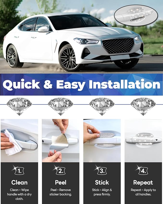 Bling Car Door Handle Protector, 10 PCS, White Sparkling Rhinestone Cars Door Protective Cover, Anti-Scratch Auto Handles Sticker, Universal Bling Car Accessories for Women