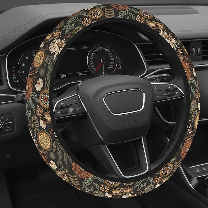 Cute Steering Wheel Cover for Women, Machine Washable Universal 14.5-15.5 inch Non-Slip Grip All Weather Use (Retro Floral)
