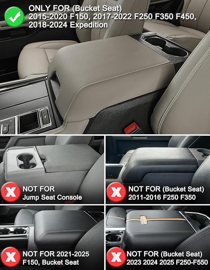 KBH Center Console Armrest Cover for 2015-2020 Ford F150, 2017-2022 F250-F550, 2018-2024 Expedition, Bucket Seat, PU Leather Cushion Pad, Anti-Scratch, Stone Gray (Not for Other Years)