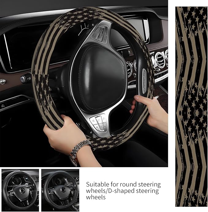 Steering Wheel Covers for Car, Truck, and SUV, Cute Non-Slip Breathable Elastic Steering Wheel, Car Accessories, Universal 15 Inch Leather Cover for Men Women American Flag Stripes